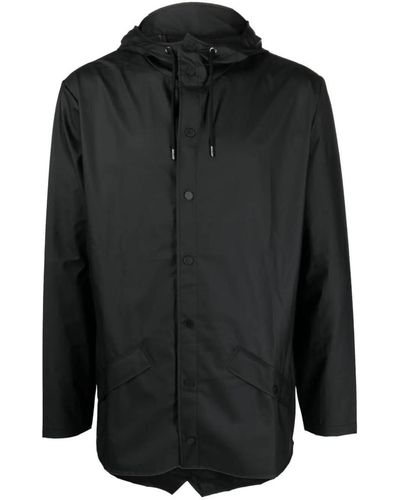 Rains Drawstring-hooded Buttoned Rain Jacket - Black
