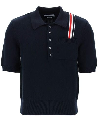 Thom Browne Cotton Knit Polo Shirt With Rwb Stripe - Blue