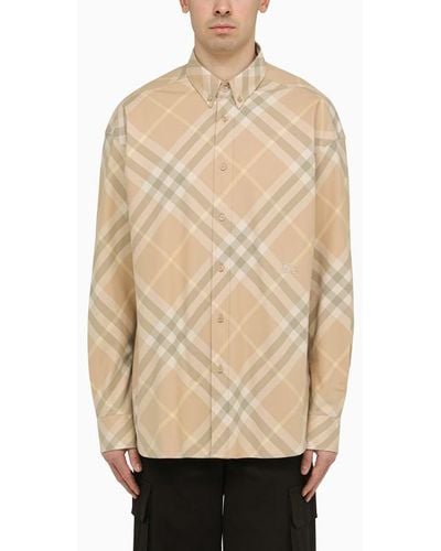 Burberry Check Pattern Button Down Shirt In Cotton - Natural