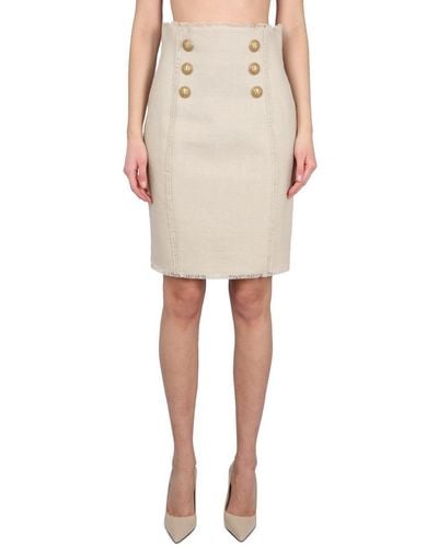 Balmain Linen Midi Skirt - Natural