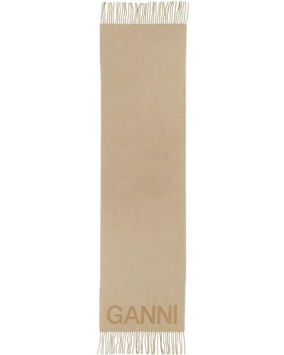 Ganni Scarf With Logo - Natural