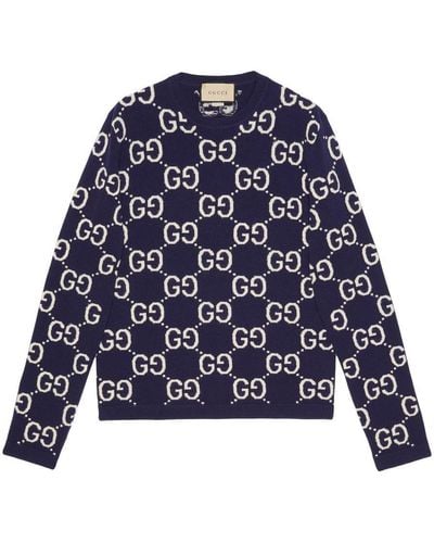 Gucci Monogram-pattern Ribbed-trim Wool Jumper - Blue