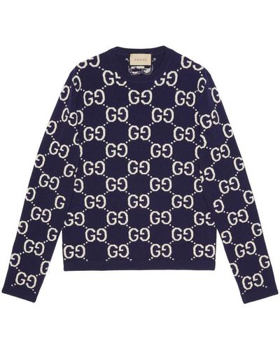 Gucci Monogram-pattern Ribbed-trim Wool Sweater - Blue