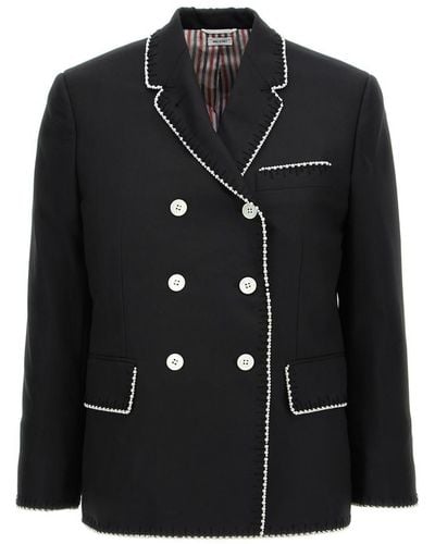 Thom Browne Contrast Trim Double Breasted Sport Coat - Black