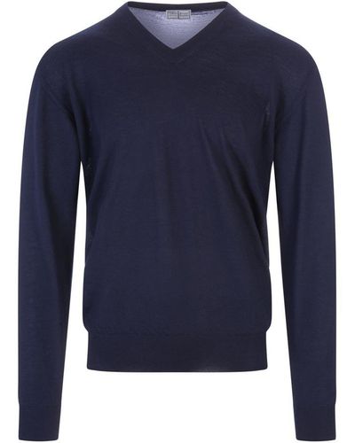 Fedeli Navy Cashmere Pullover With V-neck - Blue
