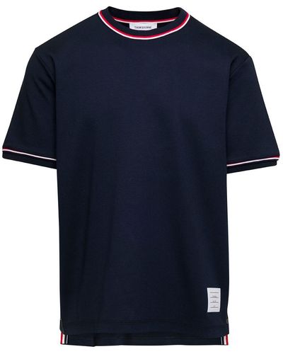 Thom Browne Blue Crewneck T-shirt With Striped Trim In Cotton Man