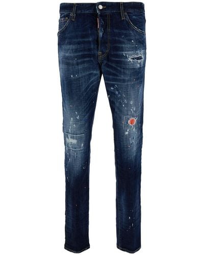 DSquared² 'cool Guy' Blue Five-pocket Jeans With Rips And Paint Stains In Stretch Cotton Denim Man