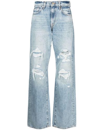 7 For All Mankind High-waisted Straight-leg Ripped Jeans - Blue