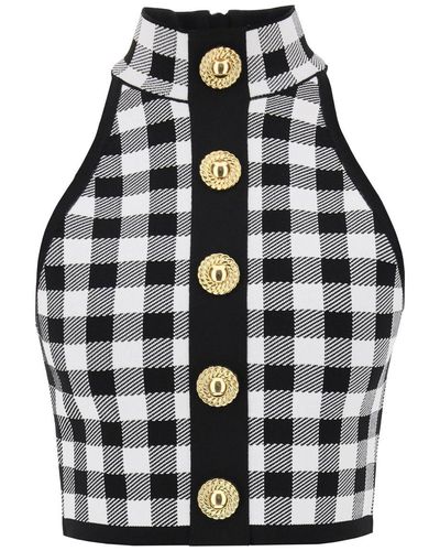 Balmain Gingham Knit Cropped Top With Embossed Buttons - Multicolour
