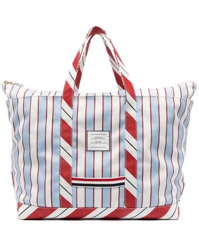 Thom Browne Logo Patch Striped Tote Bag - Red