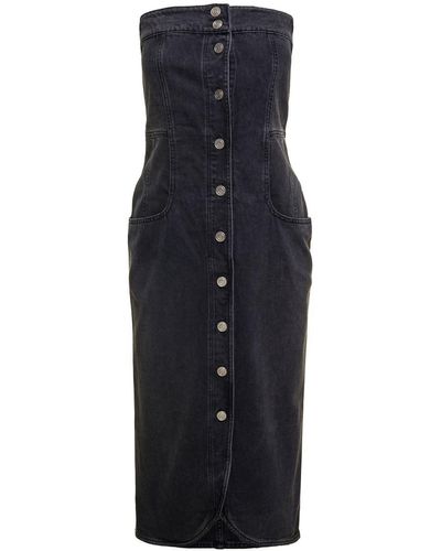 Isabel Marant Dark Gray Strapless Midi Dress With Branded Buttons In Cotton Denim Woman - Blue