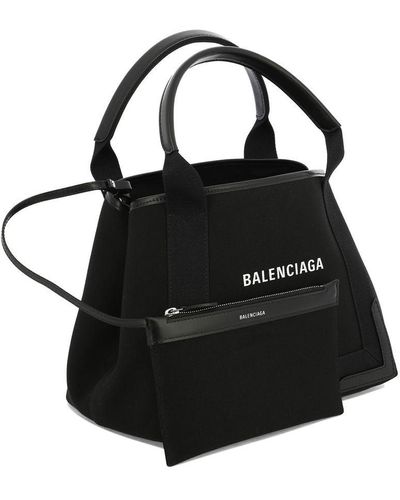 Balenciaga Navy Cabas Leather-trimmed Printed Organic Cotton-canvas Tote - Black