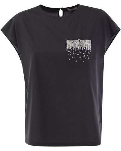 Peserico Crepe De Chine Top With Sequin Pocket - Black
