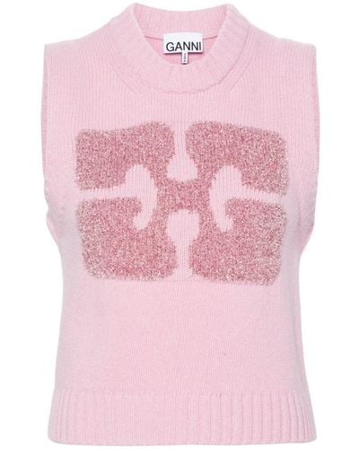 Ganni Recycled Wool-blend Vest With Front Glitter Logo - Pink