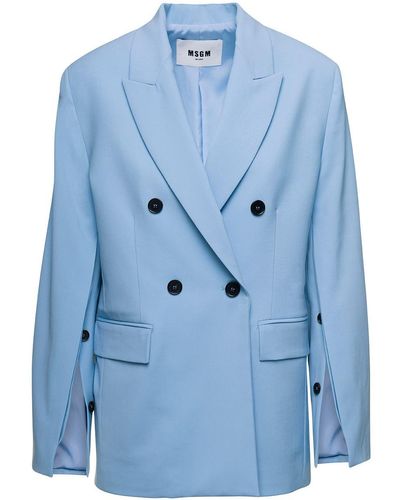 MSGM Light E Double-breasted Jacket With Buttoned Sleeves In Stretch Wool - Blue