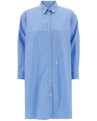 Jil Sander Long Light Striped Shirt With Logo Embroidery - Blue