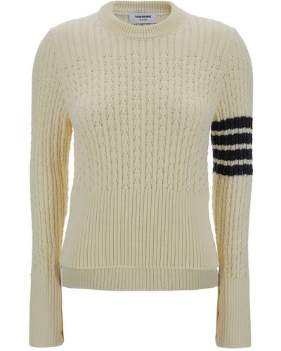 Thom Browne Knit Pullover With 4 Bar Detail - Natural