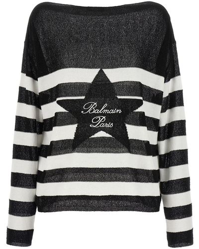 Balmain Logo Embroidery Striped Sweater - Black
