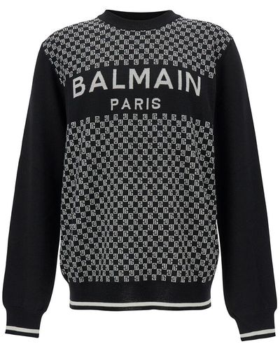 Balmain Black Sweater With Mini Monogram In Wool Man