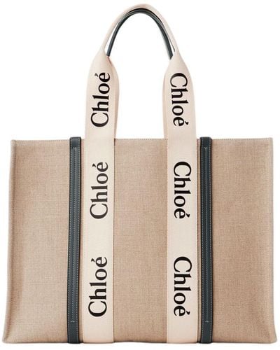 Chloé Large Woody Tote Bag In Linen - Natural