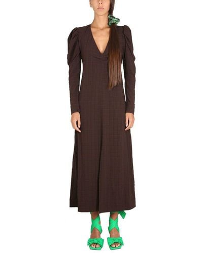 Ganni Checked Seersucker Maxi Dress - Brown