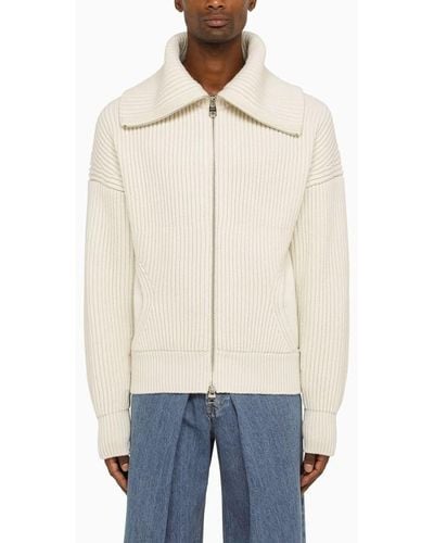 Alexander McQueen Alexander Mc Queen Ivory Ribbed Cardigan In Wool And Cashmere - Natural