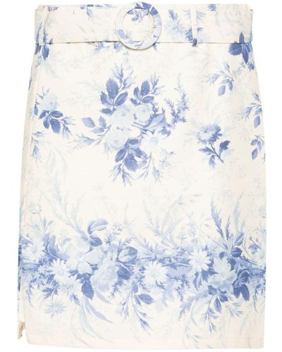 Twin Set Linen And Cotton Miniskirt With Floral Print - Blue