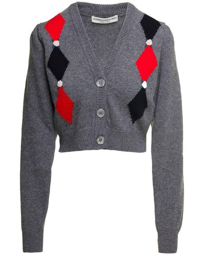 Alessandra Rich Gray Cardigan With 'diamond' Motif And Embroidered Rose Detail In Wool Woman
