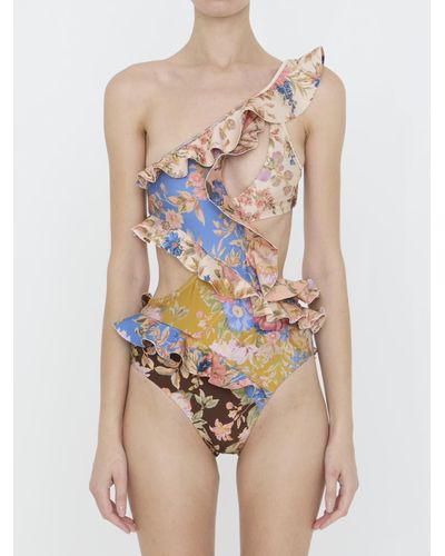 Zimmermann August Asymmetric Frill One Piece Swimsuit - Multicolour