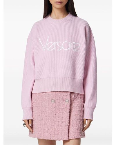 Versace Logo Embroidered Knitted Sweater - Pink