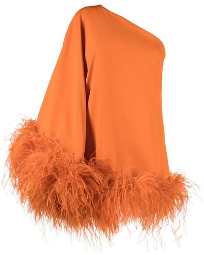 ‎Taller Marmo Piccolo Ubud One-Shoulder Feather-Trimmed Crepe Mini Dress - Orange