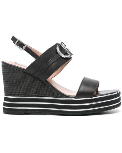 Liu Jo Leather Wedge Sandals With Logo Plate - Black