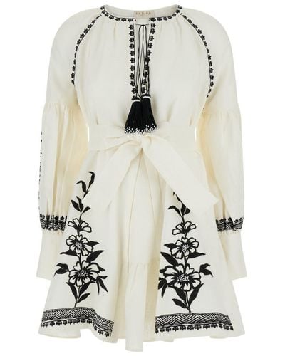 Anjuna White Mini Dress With Floreal Embroidery And Tassels In Linen Woman