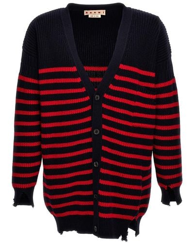 Marni Destroyed Effect Striped Cardigan Sweater, Cardigans - Red