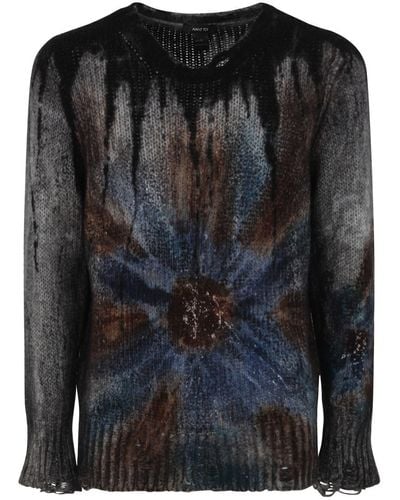 Avant Toi Liquid Art Effect Round Neck Pullover With Destroyed Edges Clothing - Black