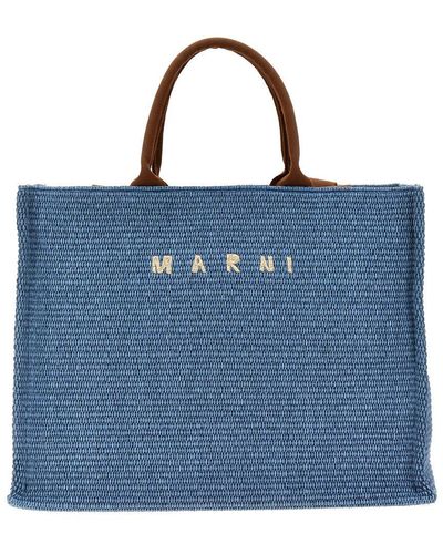 Marni Large Shopping Bag With Logo Embroidery - Blue