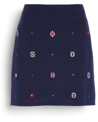Barrie Short Skirt In Cashmere And Cotton With Floral Motif - Blue