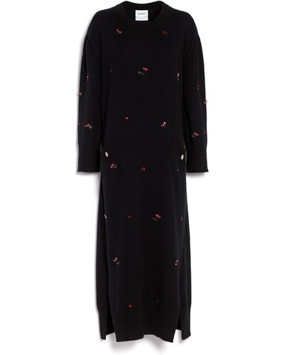 Barrie Iconic Long Dress In Cashmere With Floral Embroidery - Black