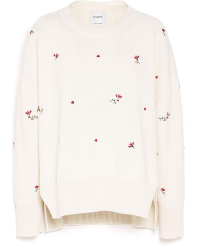 Barrie Iconic Oversized Jumper In Cashmere With Floral Embroidery - White