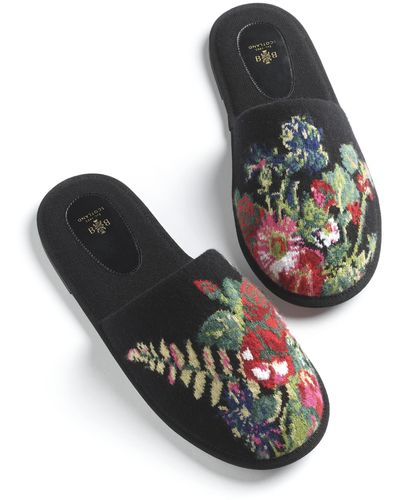 Barrie Floral Cashmere Slippers - Black