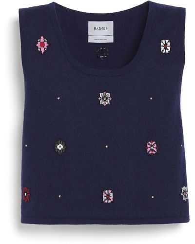 Barrie Sleeveless Crop Top In Cashmere And Cotton With Floral Motif - Blue