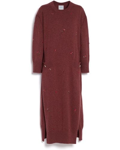Barrie Iconic Long Dress In Cashmere With Floral Embroidery - Red