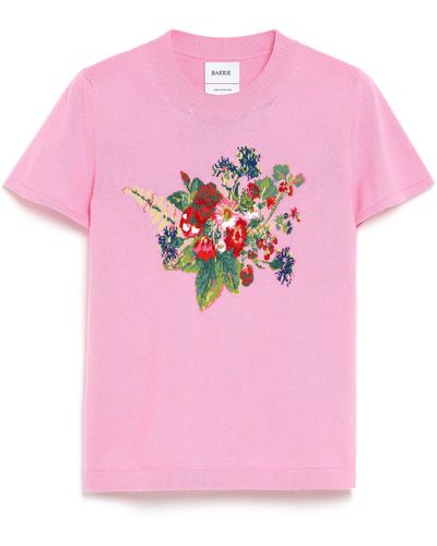 Barrie Top With A Bouquet Motif In Cashmere And Cotton - Pink
