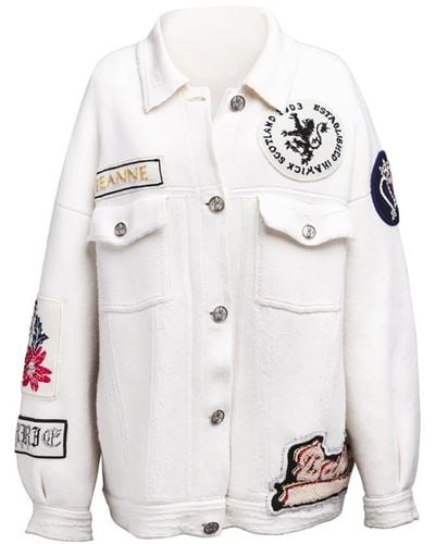 Barrie Denim Oversized Cashmere And Cotton Jacket With Embroidered Patches - White