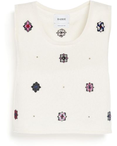 Barrie Sleeveless Crop Top In Cashmere And Cotton With Floral Motif - White