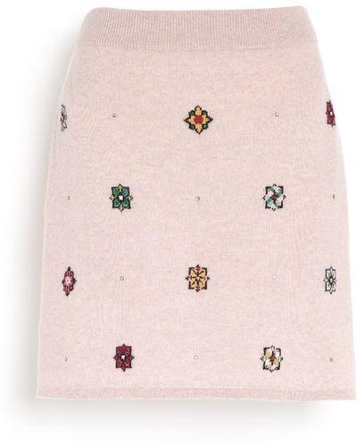 Barrie Short Skirt In Cashmere And Cotton With Floral Motif - Pink
