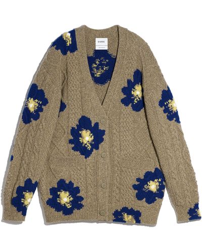 Barrie V-neck Cardigan With Floral Pattern In Cashmere - Blue