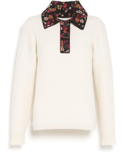 Barrie Polo-shirt Jumper In Cashmere With A Floral Motif - White