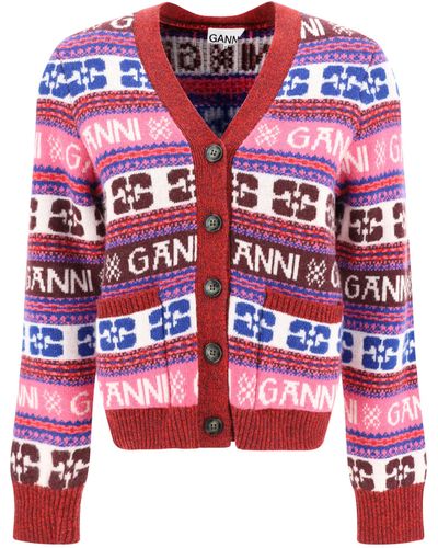 Ganni Jacquard Wool Cardigan With Logo Pattern - Red