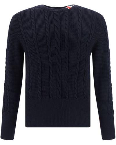 Thom Browne Cable Stitch Relaxed Crew Neck Pullover - Blue